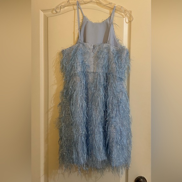 BCBGMAXAZRIA Short Feathered Evening Dress in Ethereal Blue - Picture 9 of 13